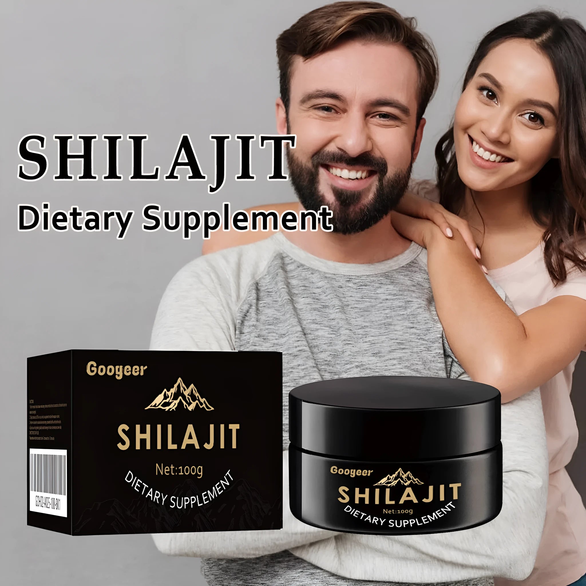 Googeer Shilajit dietary supplement body care kit with 100g net content.