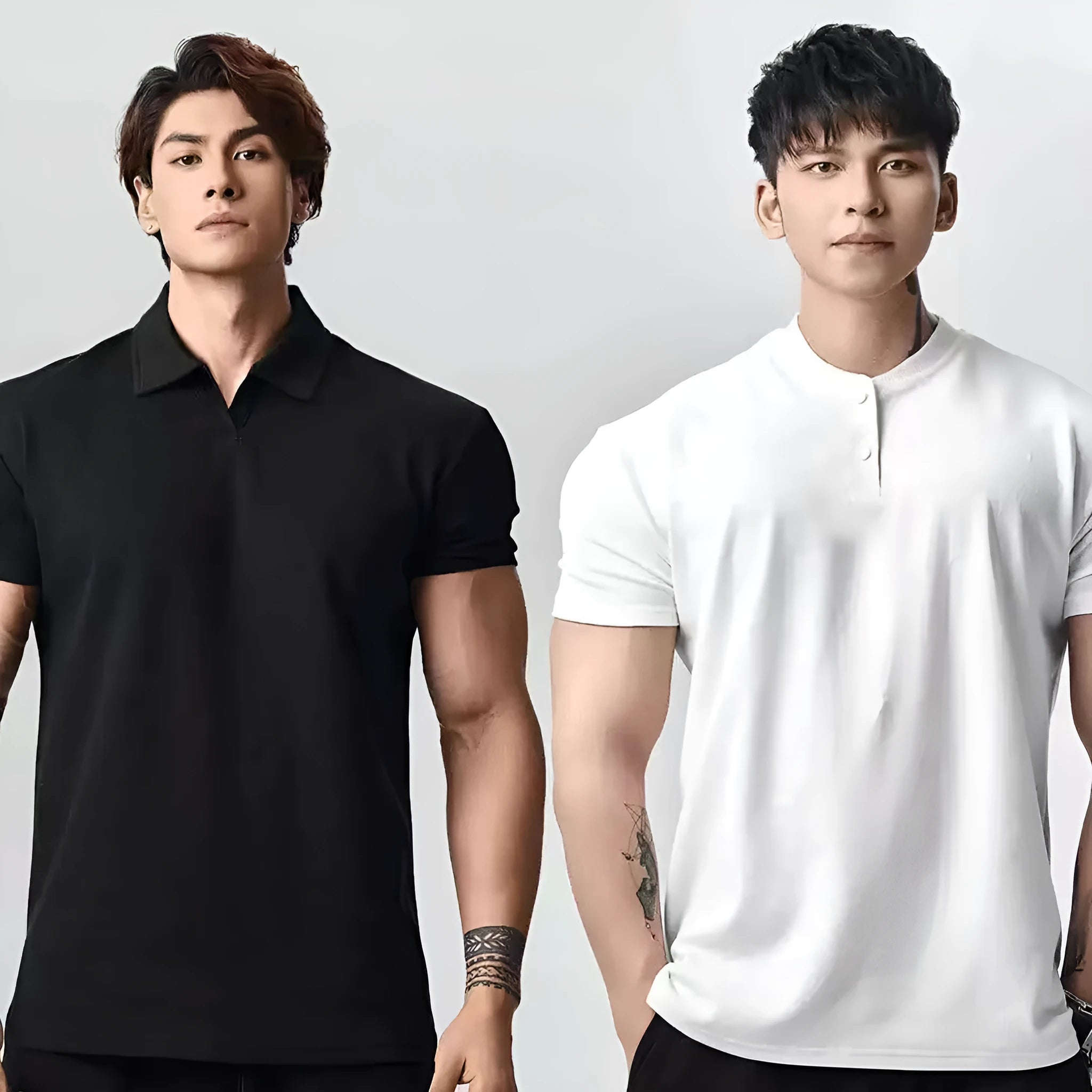 Men's loose fit retro t-shirt in white, black, or grey with choice of Henry or polo collar