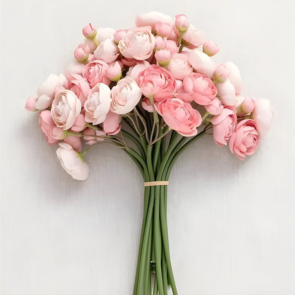 24-head silk tea rose camellia floral stem in pink, 35cm tall, on white background