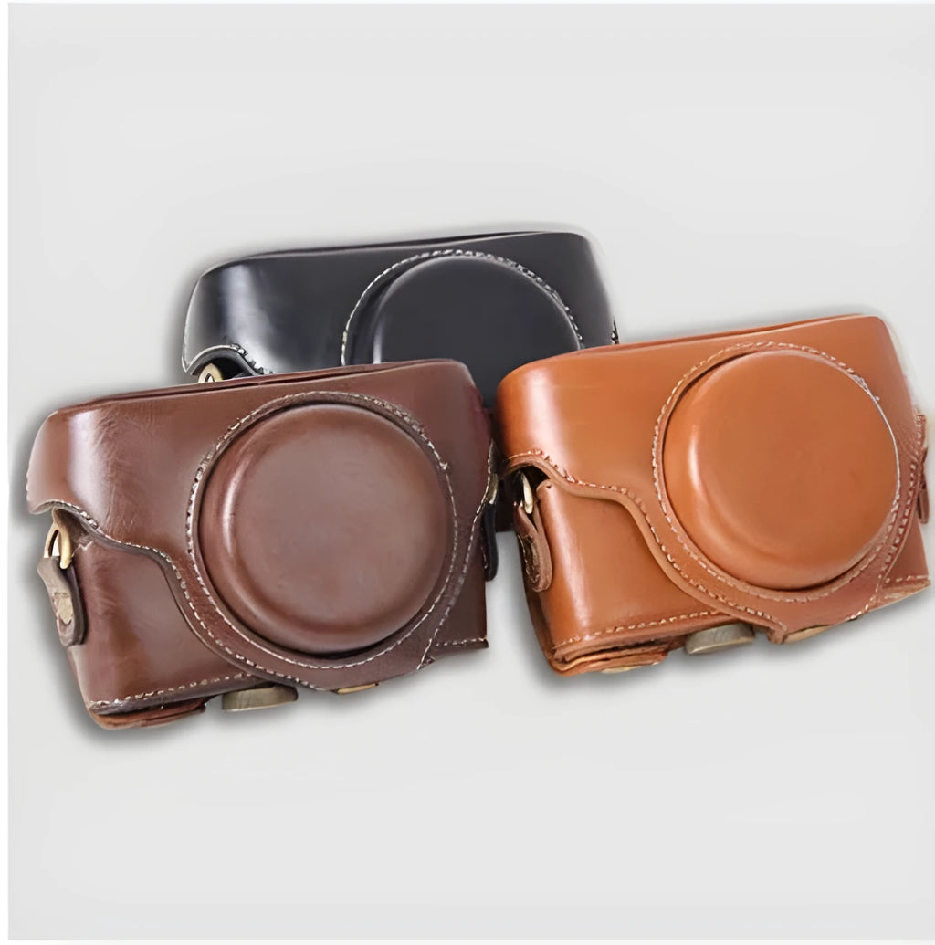 Sony RX100M5 camera inside black faux leather holster with soft interior lining and tripod mount access