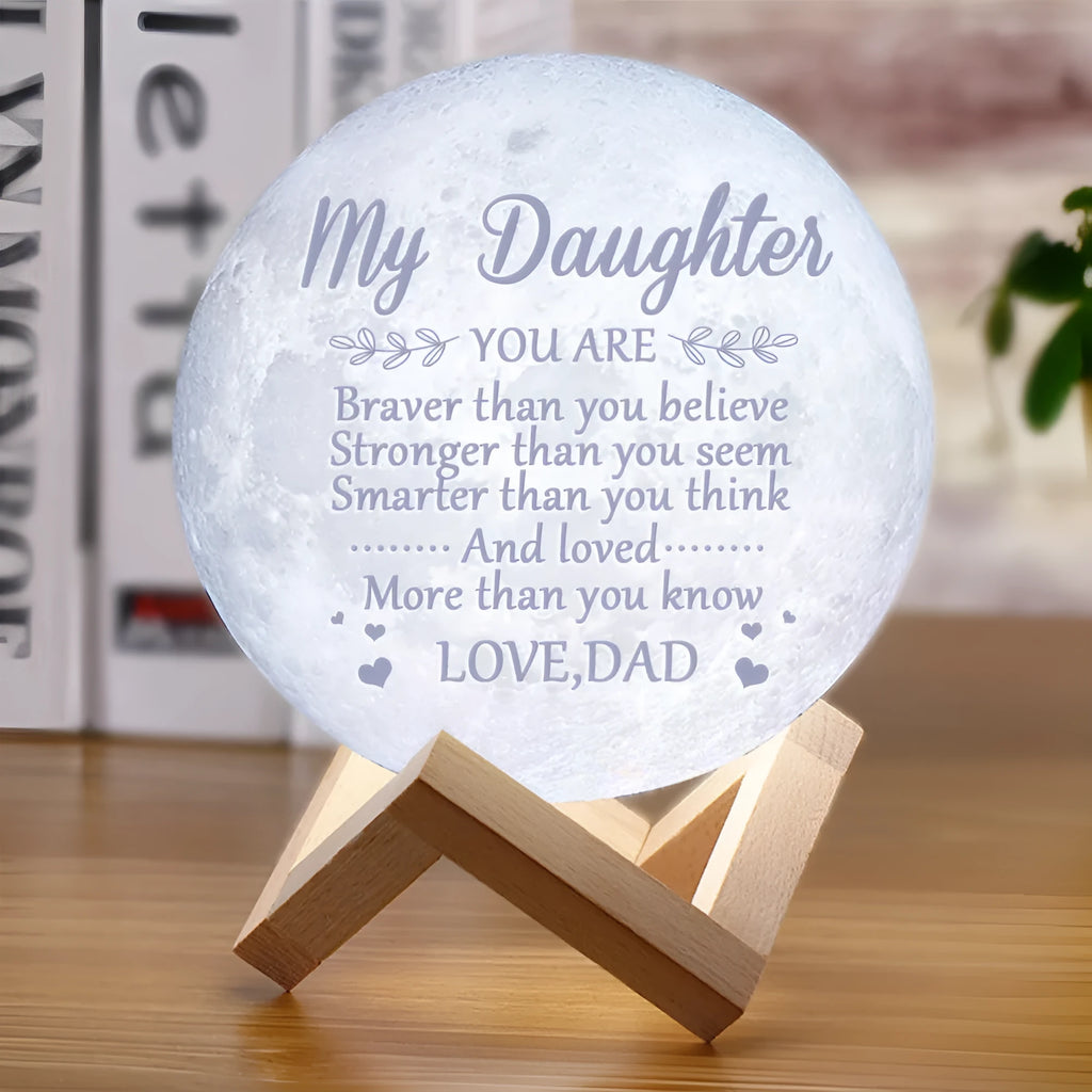 15cm 3-colour LED moon light with 3D printed plastic shade on a bedside table, touch control at base