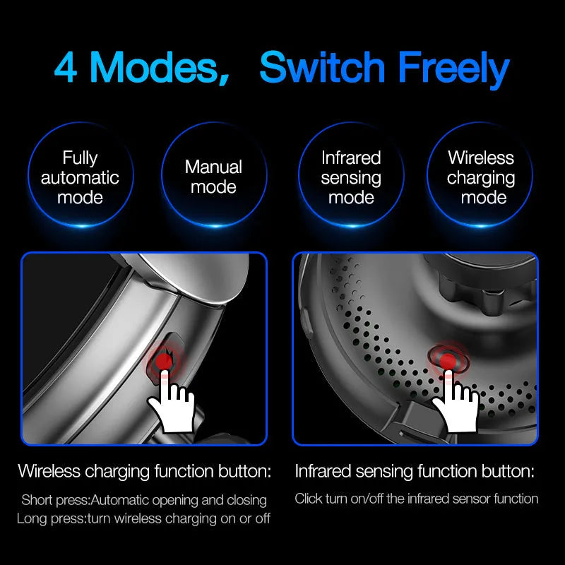 Black wireless car phone charger holder with Qi standard, adjustable 63-88mm, ABS and silicone build
