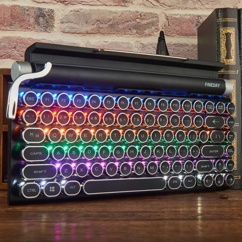 Black retro typewriter style mechanical keyboard with Bluetooth connectivity and seven-colour backlight