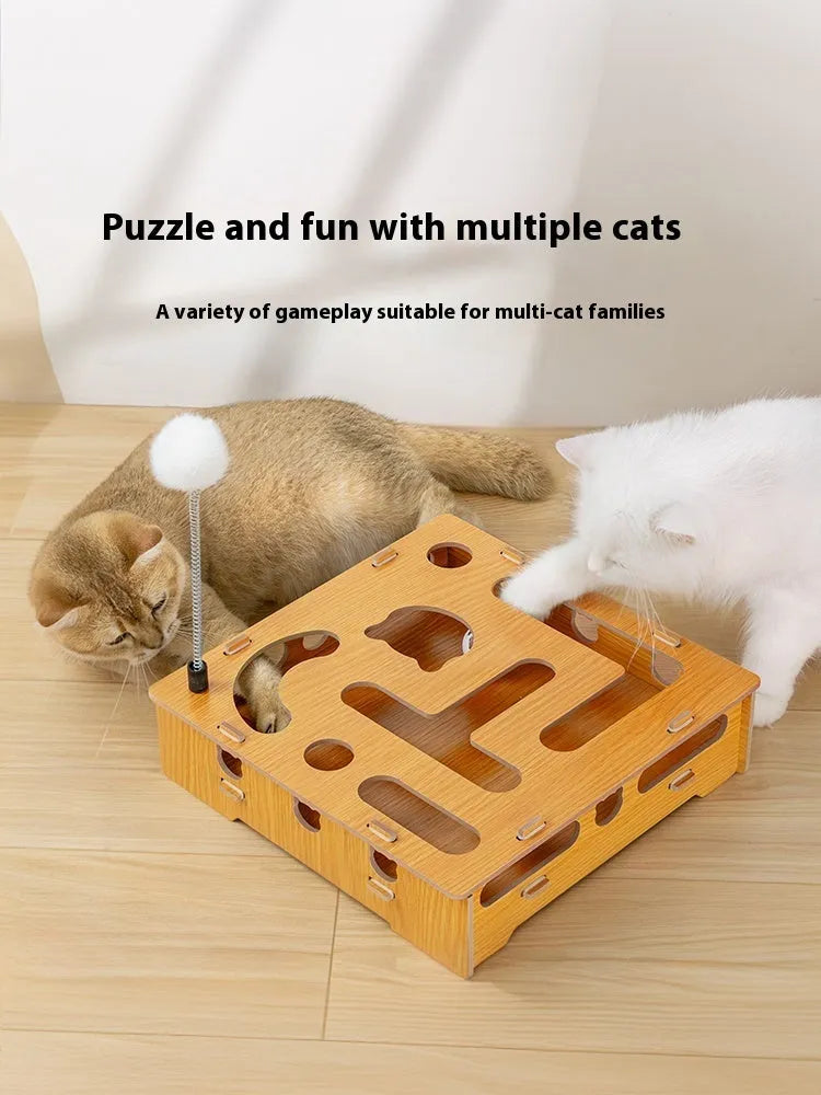 Large wooden cat teasing maze box with teasing stick and two bell balls for interactive play