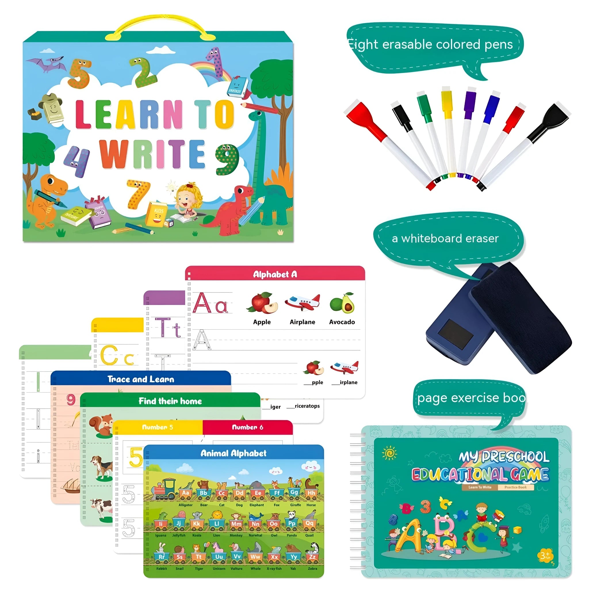 Montessori handwriting practice book kit with erasable pens and reward stickers in gift box