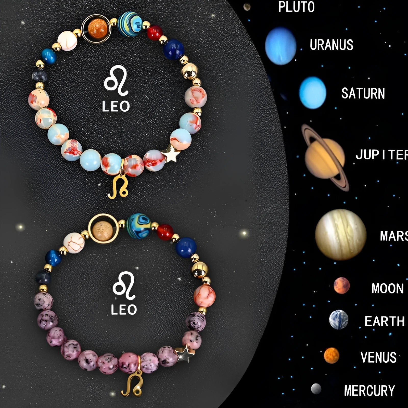 Set of twelve natural stone beaded bracelets laid out, each with a different zodiac sign charm or design.