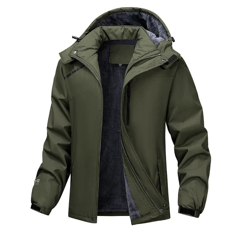 A man's loose-fit plus-size hooded coat in Army Green colour, made from waterproof polyester fabric.