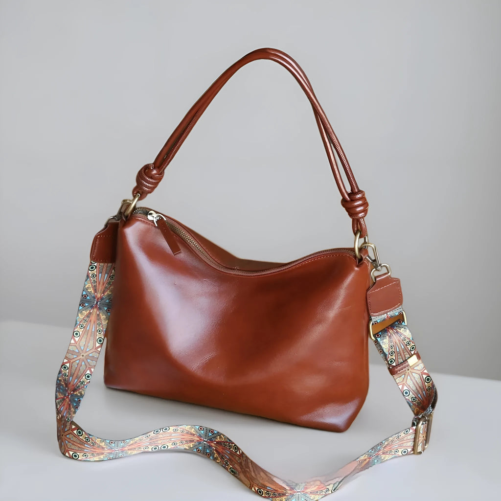 Genuine leather hand shoulder bag in caramel colour, pillow shape, top grain leather, 31x11x24cm