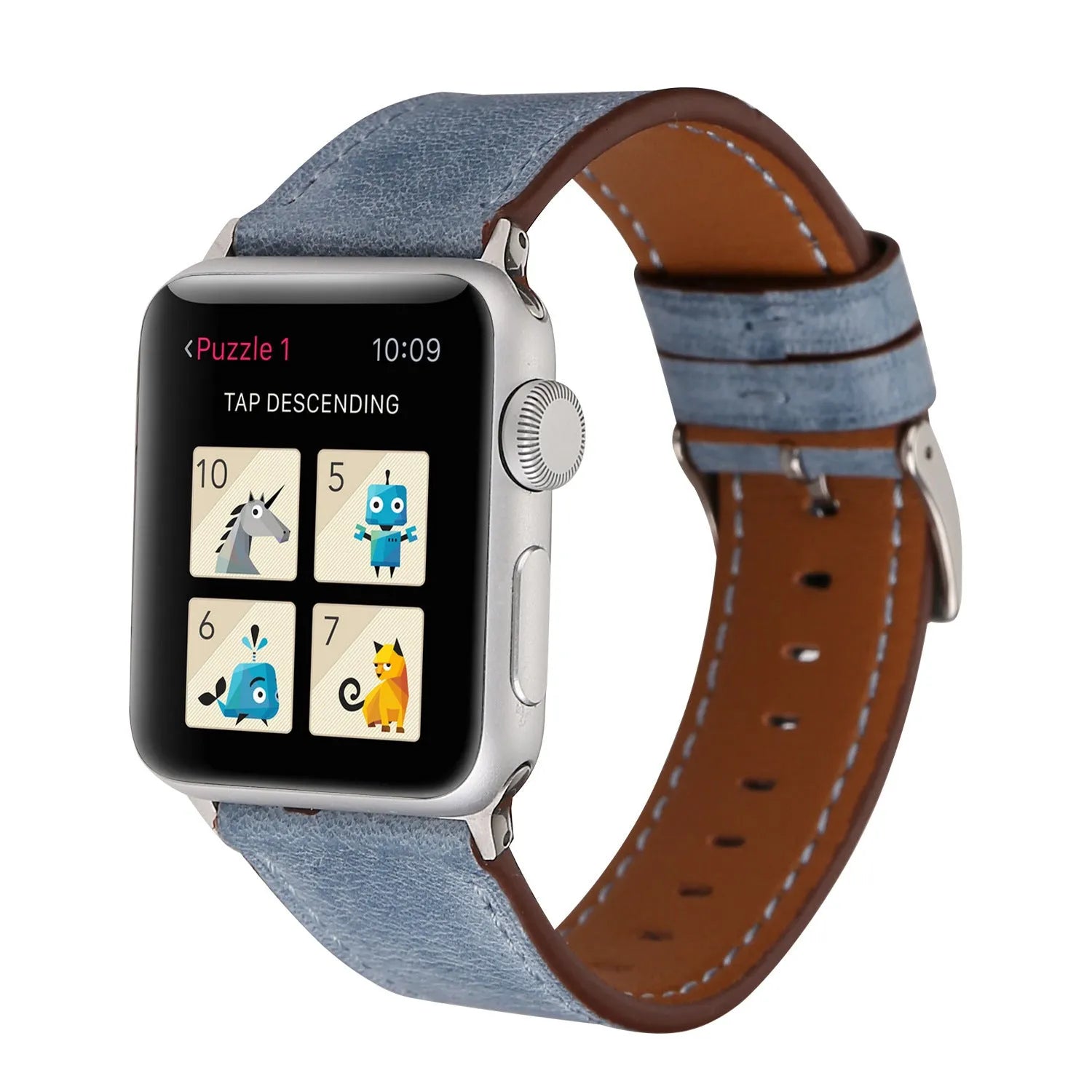 Blue leather watch strap with a silver folding buckle on a 42mm width watch case.