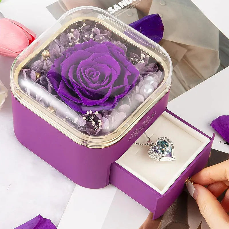 Valentine's Day rose flower drawer jewellery box with preserved real rose and matching love crystal necklace