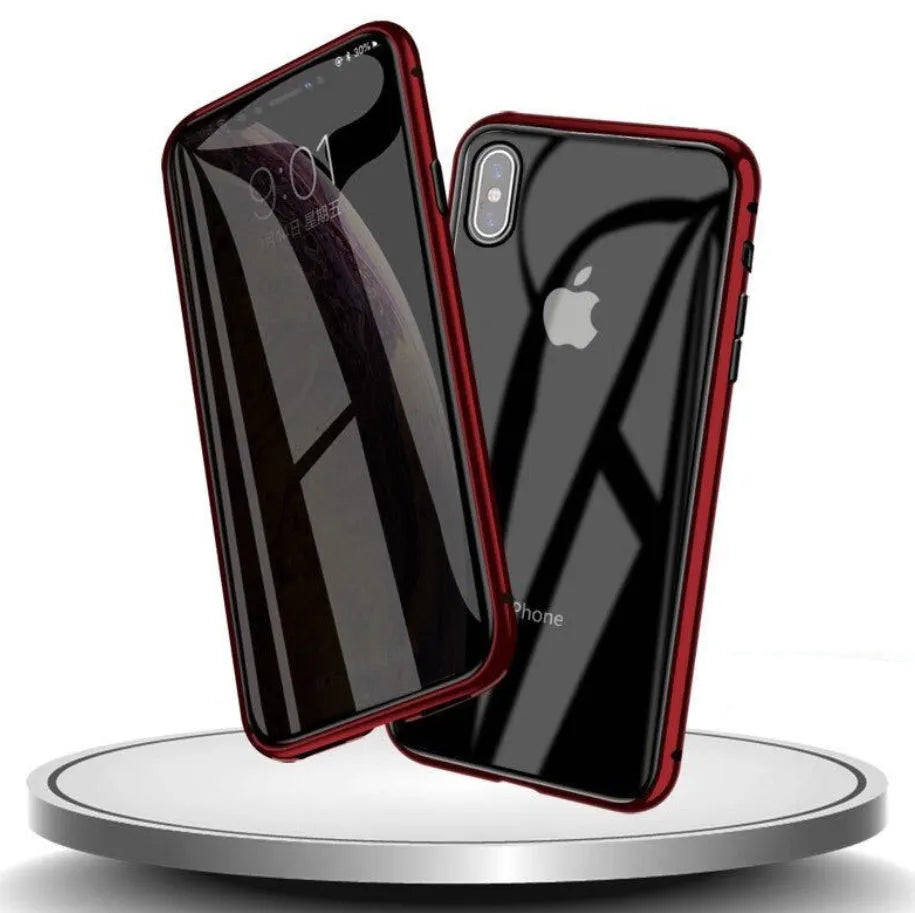 Glass anti-spy clamshell phone case for iPhone in six colour options: black, silver, red, gold, green, blue.