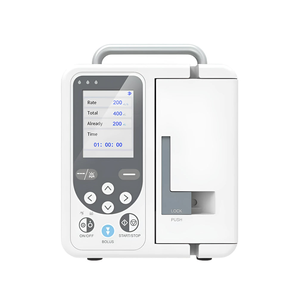 CONTEC SP750 volumetric infusion pump with TFT screen, keypad, and IV tubing