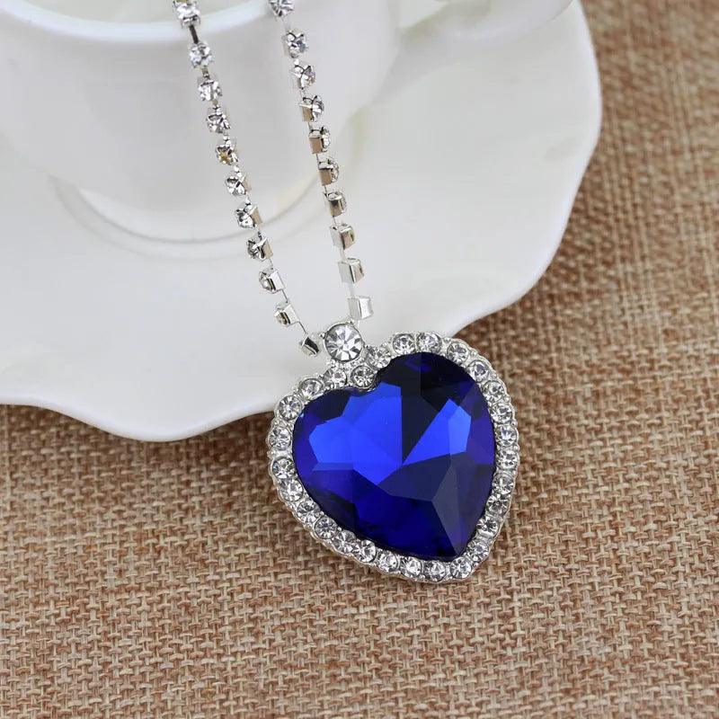 Heart Of The Sea blue crystal heart peach pendant necklace with platinum plating on 45cm chain
