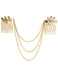 Gold leaf chain tassel hair comb on dark background, alloy plated finish