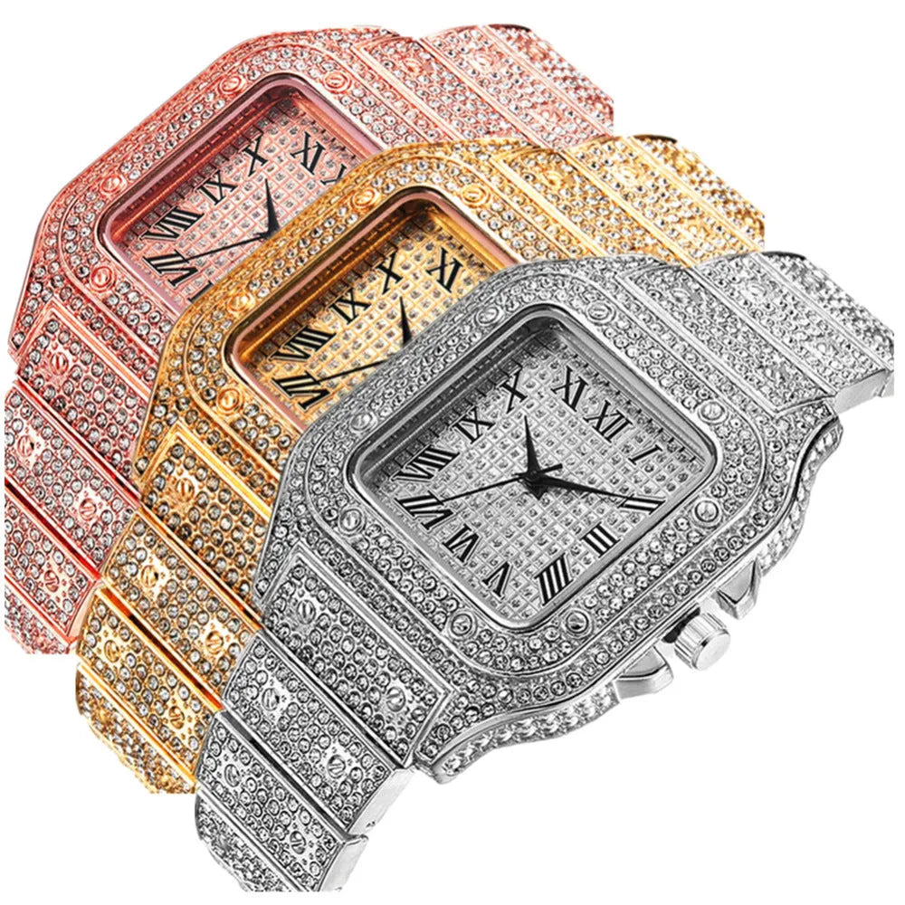 Roman grain graduation quartz watch set with square diamond dial, black mesh band, bracelet and necklace in gold, rose gold or silver.