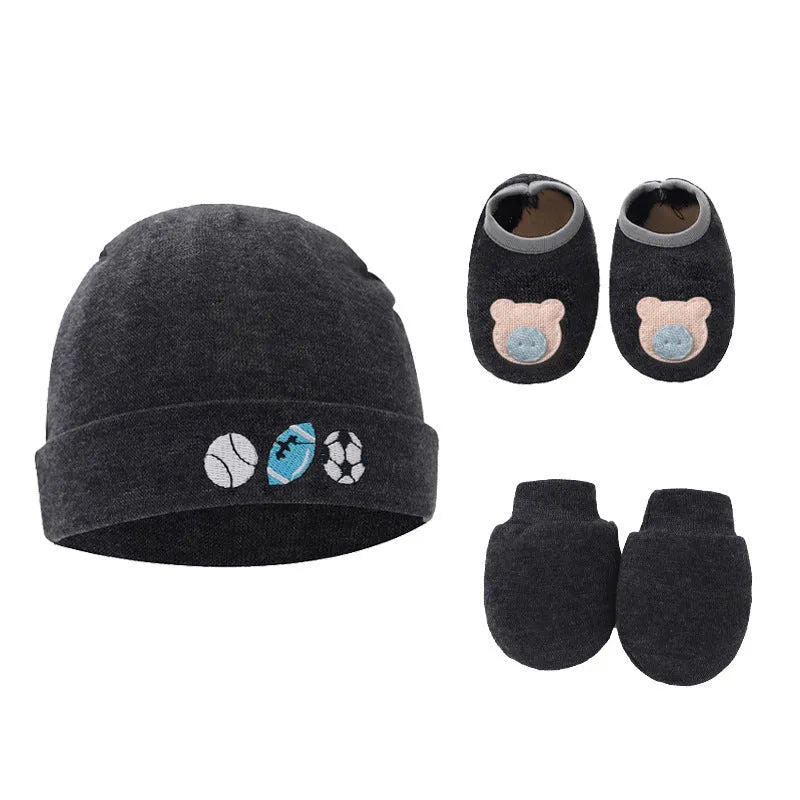 Cotton baby gloves and foot cover set in multiple colours including light blue, navy blue, pink, and camel