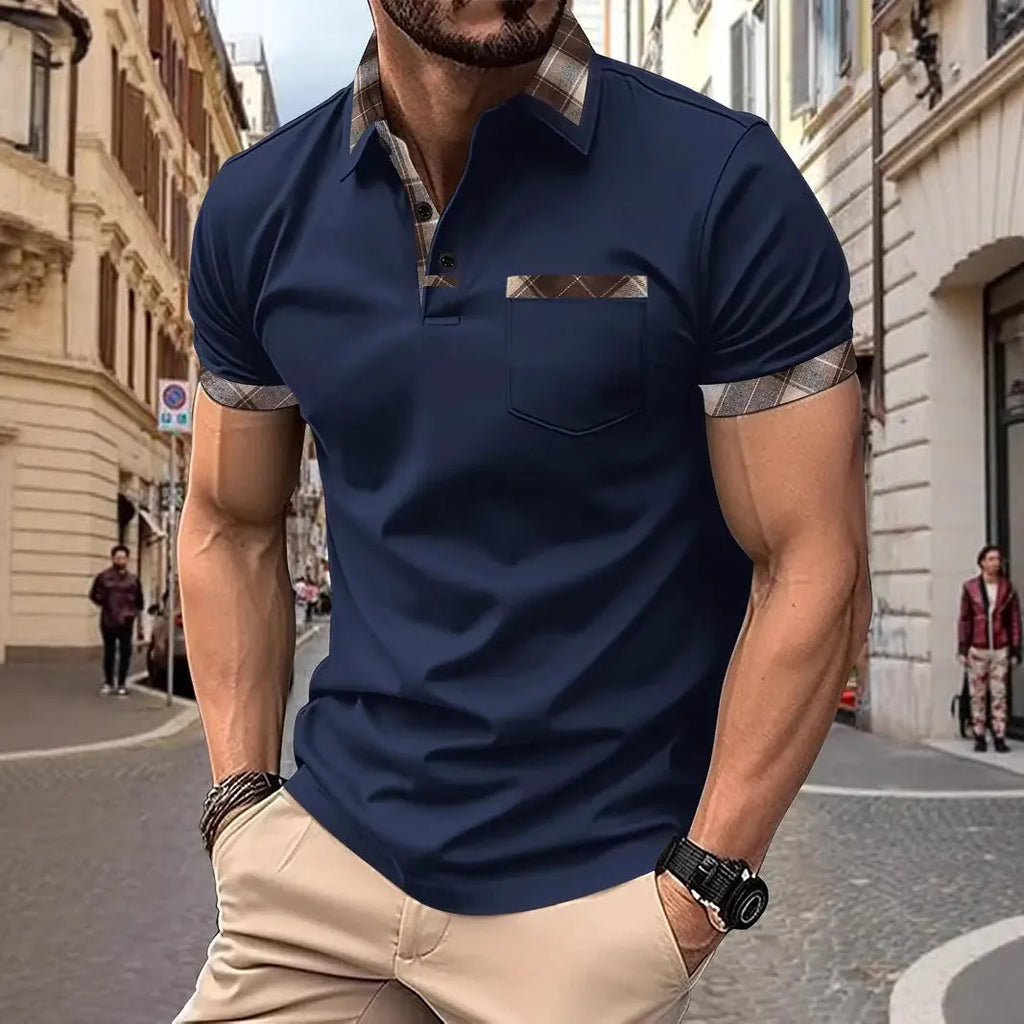 Men's plaid colourblock t-shirt with zipper decorations on polyester fabric in multiple colours