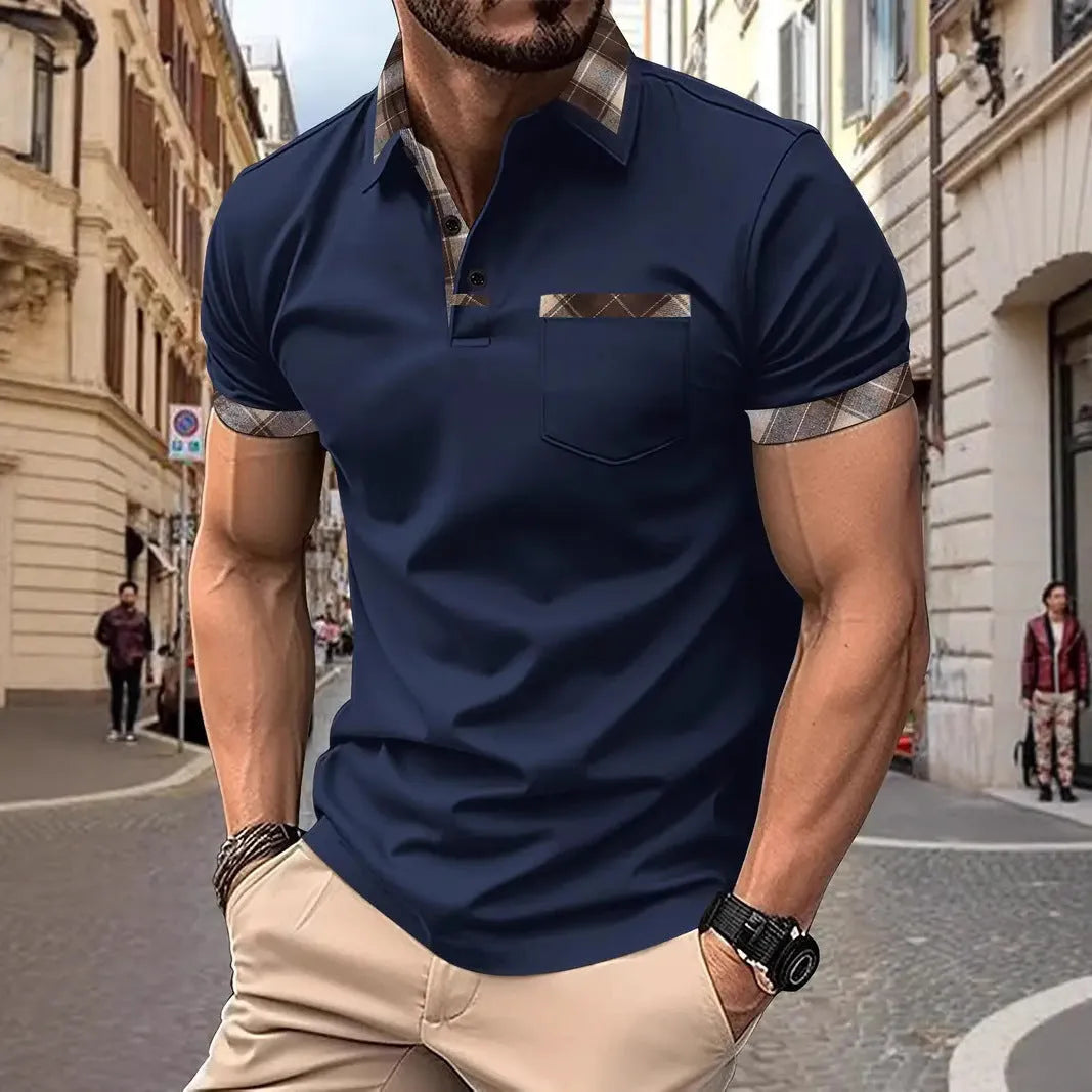 Men's plaid colourblock t-shirt with zipper decorations on polyester fabric in multiple colours