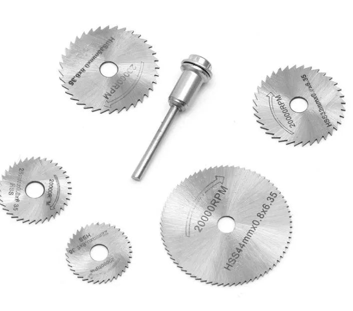 Set of six small circular saw blades and a mandrel for a mini rotary tool on a white background.