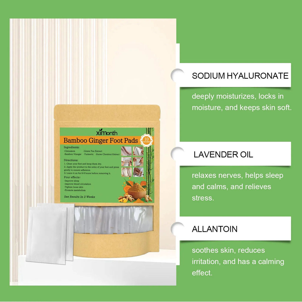 Pack of 10 adhesive health patches containing ginger and turmeric extracts.