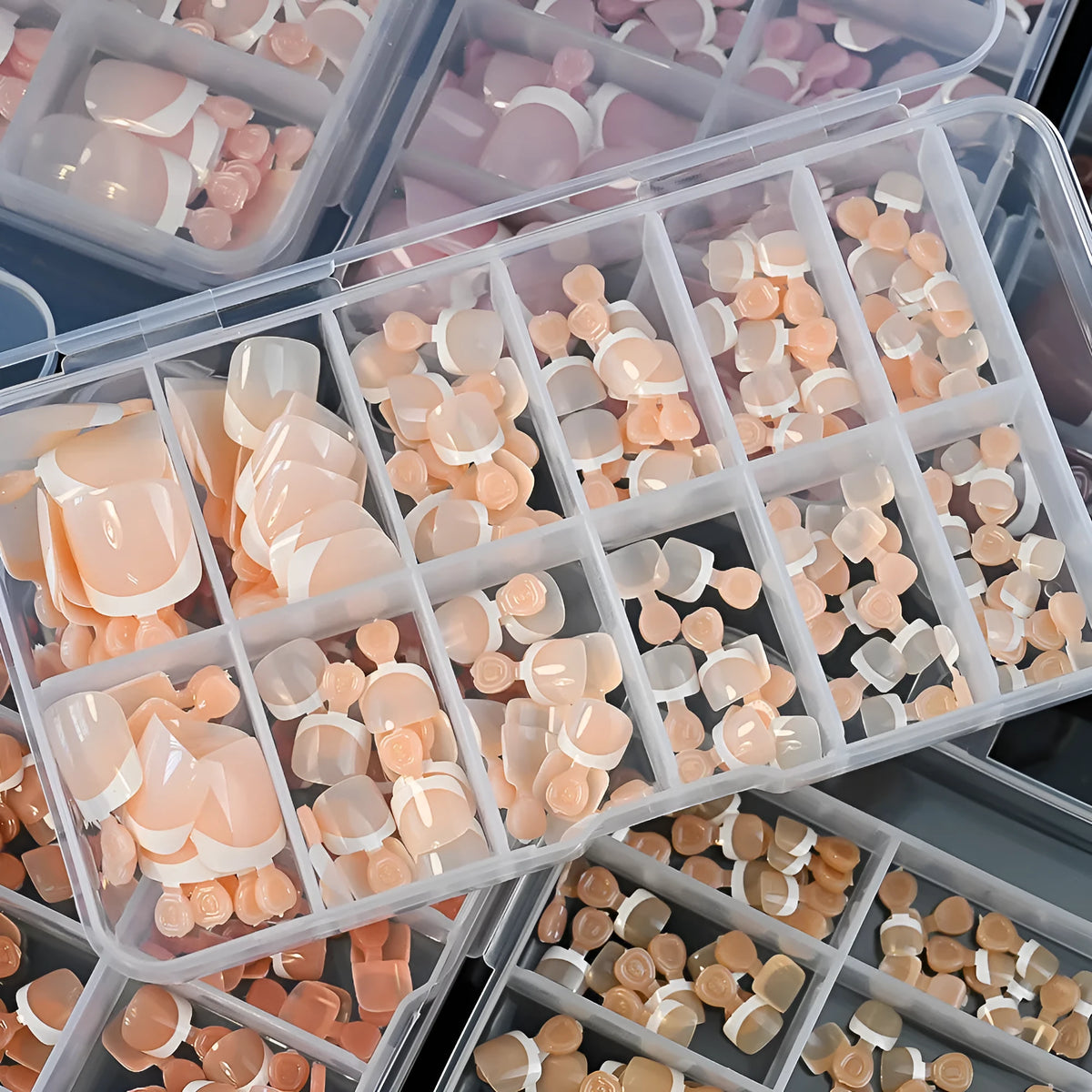 120 pieces box of French white edge short full square toe nail pieces for ladies in multiple colours