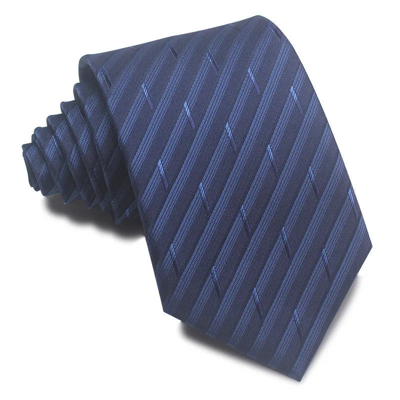 8cm wide polyester jacquard striped men's business tie shown in multiple colour variations