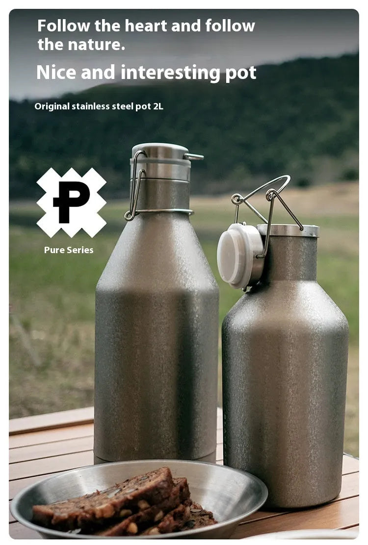 Large stainless steel outdoor thermal pot with handle for portable use during camping and picnics