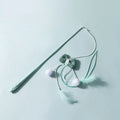 Adjustable cat teaser wand with telescopic pole extended to show feather attachments and inflatable ego component