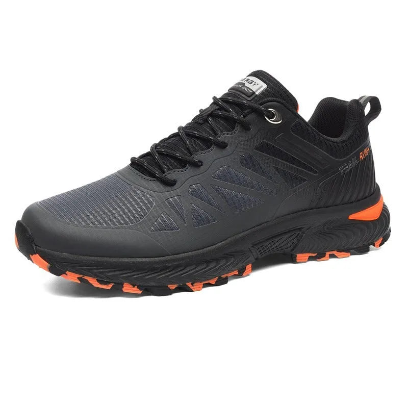 Men's black mesh outdoor running shoes with a rubber sole, shown in a plus size.