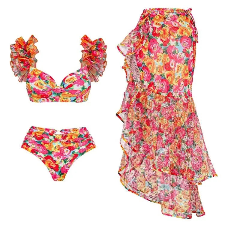 Women's floral print push-up bikini with high waist swim briefs on a mannequin.