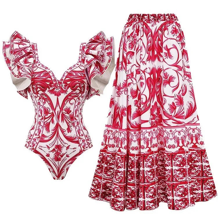 Women's printed one-piece polyester swimsuit with an attached matching skirt.