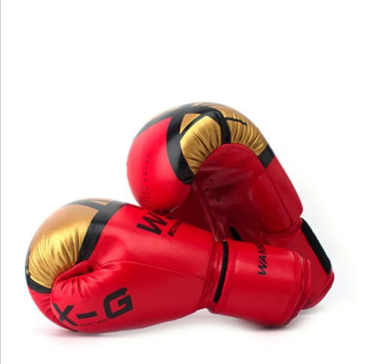 Training boxing gloves in four colours with palm width and length sizing guide for children and adults