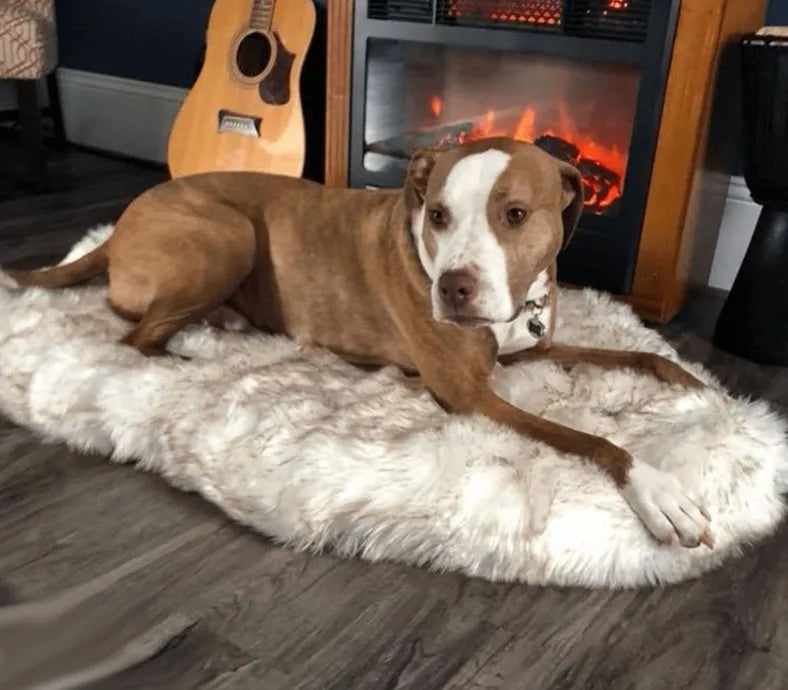 Beige plush pet dog mat for large dogs up to 45kg on a wooden floor