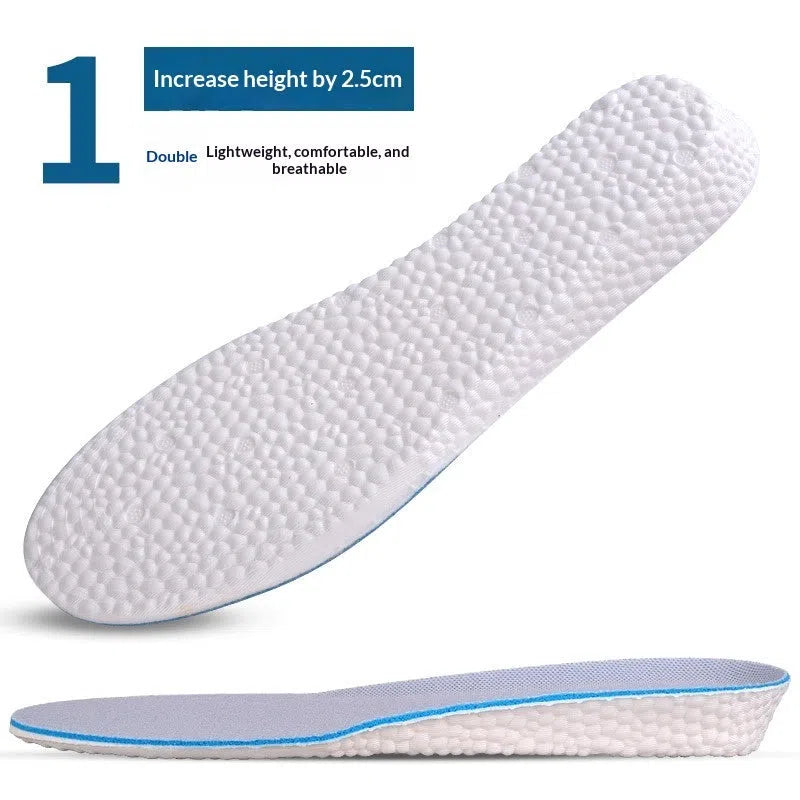 Pair of men's EVA height increasing insoles with full cushion surface and hard base in multiple lift heights