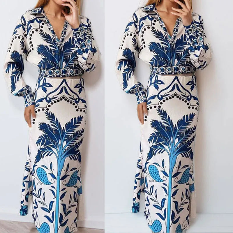 Women's casual two-piece fashion set with long sleeve top and ankle-length skirt in picture colour
