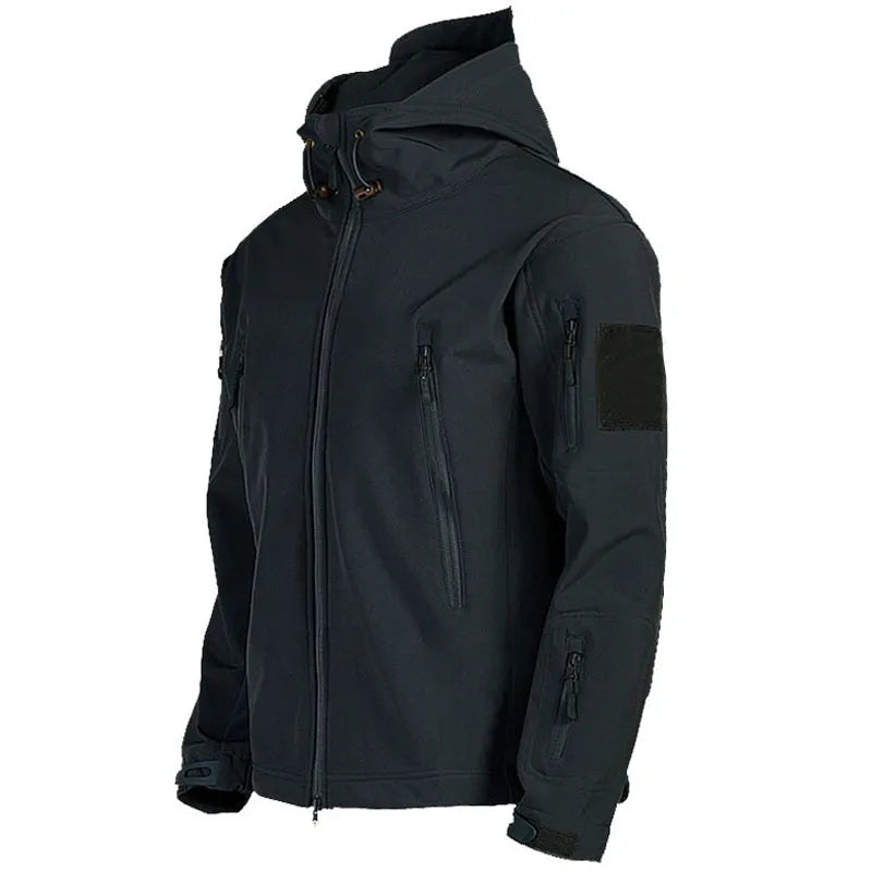 Men's windproof hooded soft shell jacket in polyester fibre, available in black, green, grey, and khaki sizes S to 4XL