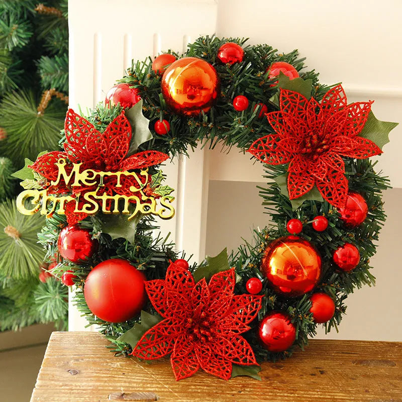 30cm diameter multicolour plastic Christmas wreath decoration showing blue, gold, pink, purple, red, and silver colour options