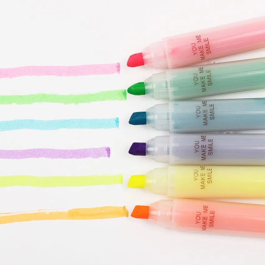 Six colour highlighter pen set with plastic shells and slanted oblique tips in bagged packaging