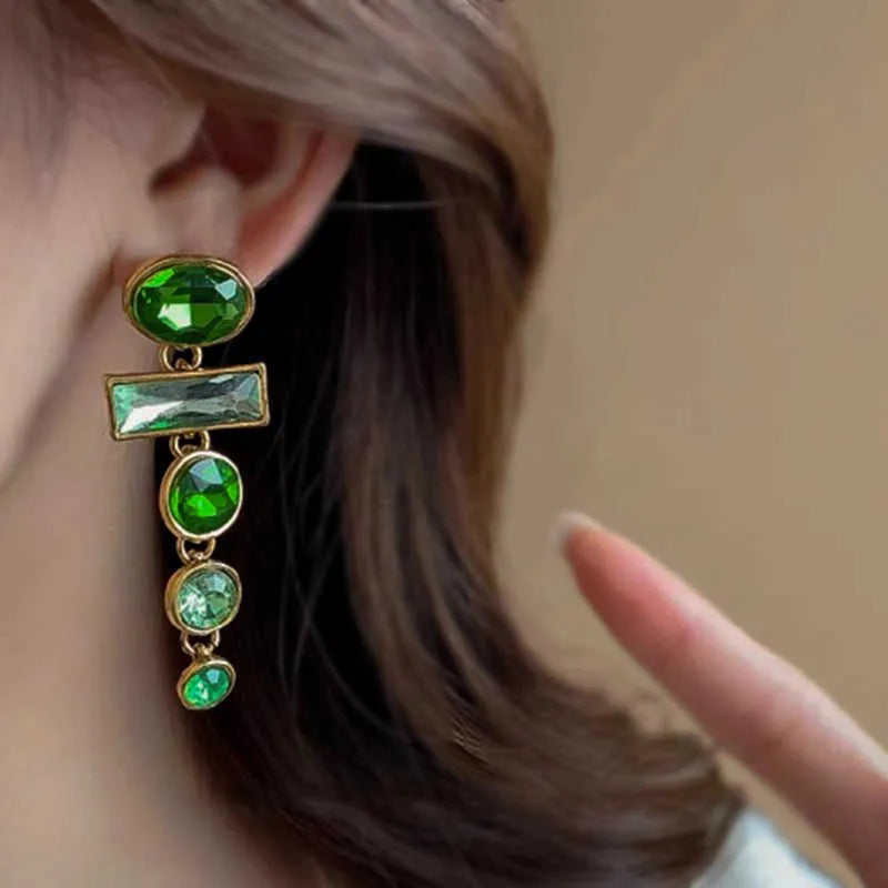 Retro green gradient tassel clip-on earrings with inlaid zircon, alloy geometric shape, women's Chinese style studs