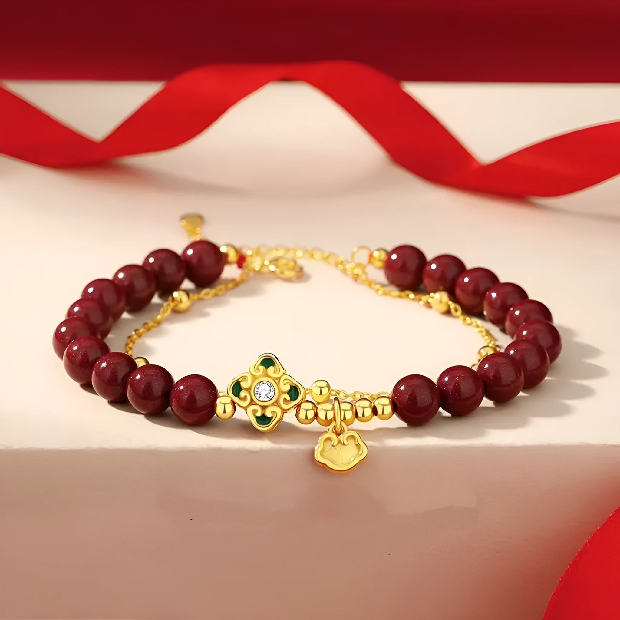 Sterling silver women's bracelet with Ruyi Xiangyun cinnabar flower design in geometric shape