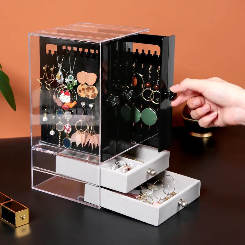 Acrylic cosmetic storage box in white plastic with clear sides, dimensions 13.5x13x24.7 cm, for makeup organisation