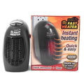 Black mini portable electric heater with digital display and a rotating plug on a white background.