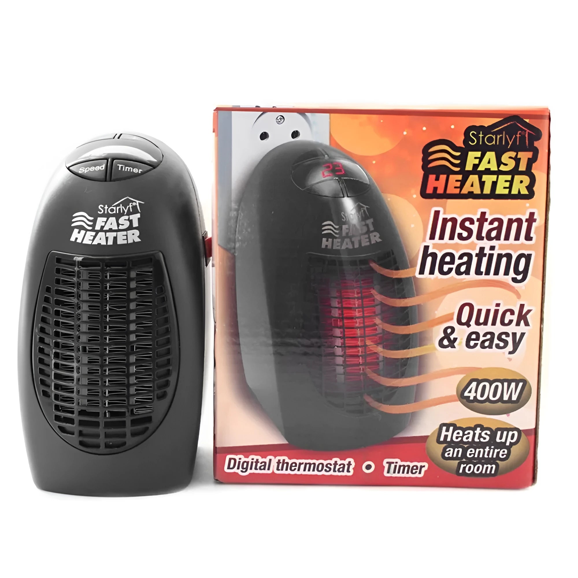 Black mini portable electric heater with digital display and a rotating plug on a white background.