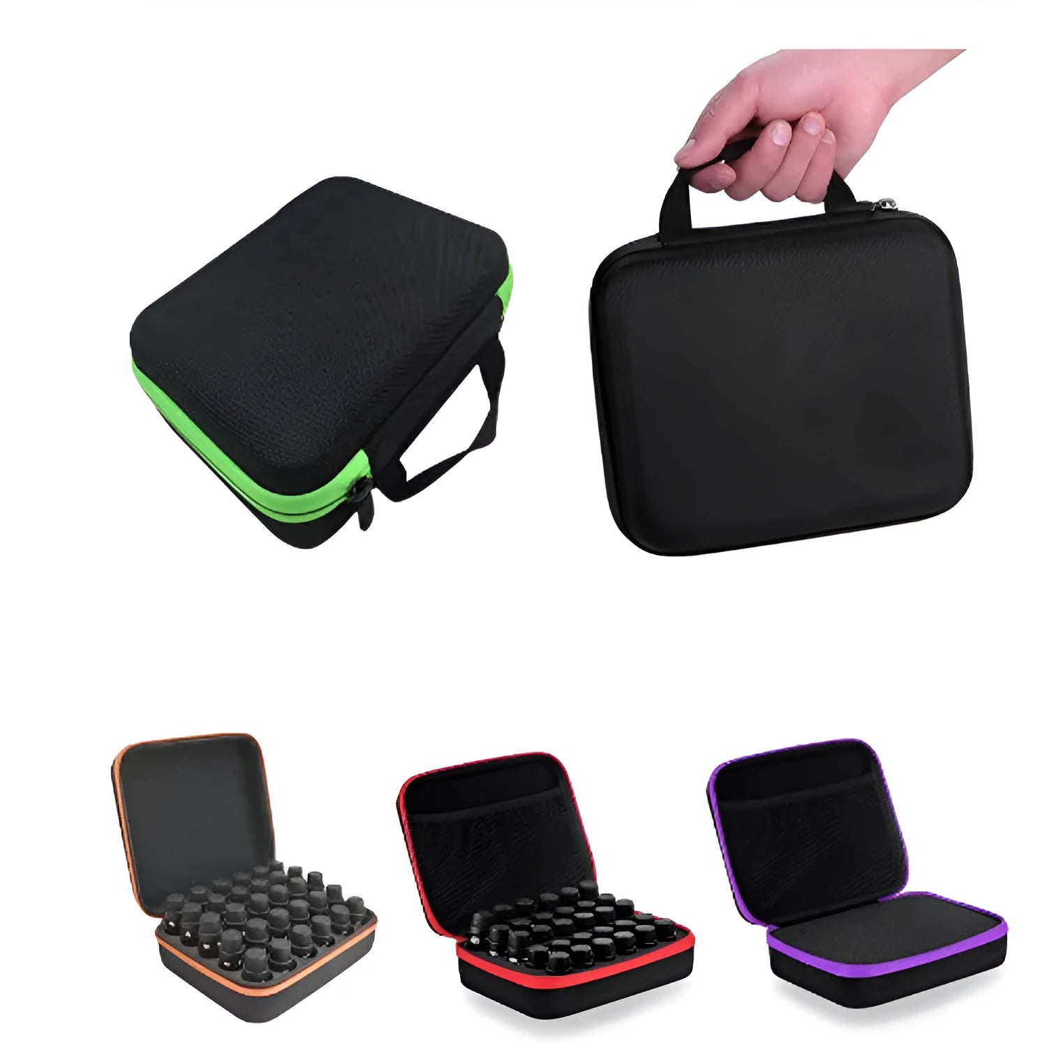 Red EVA cube-shaped bag with 30 compartments for 15ml essential oil bottles, shown with zipper open.
