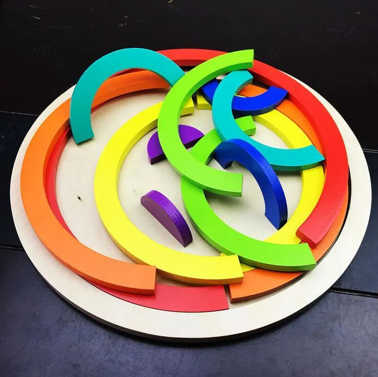 12-piece wooden rainbow arch bridge building blocks in New Zealand pine, flat size 84x35.5x18.5 cm, hand-dyed colours