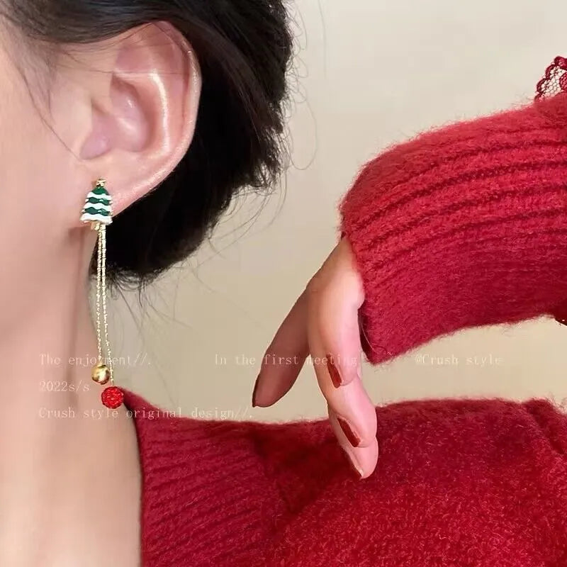 Moving Santa Claus long tassel asymmetric drop earrings for women with alloy finish