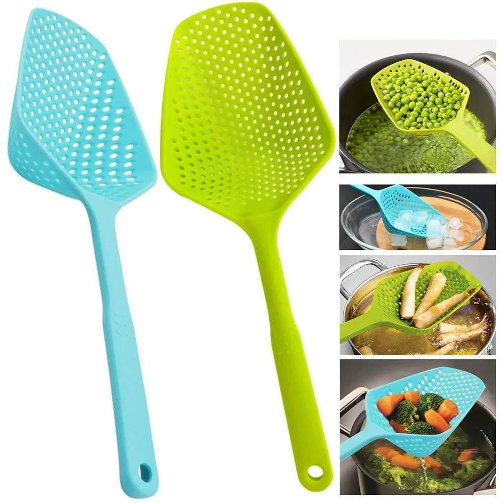 Large black nylon kitchen scoop colander strainer with 19cm diameter for draining food.