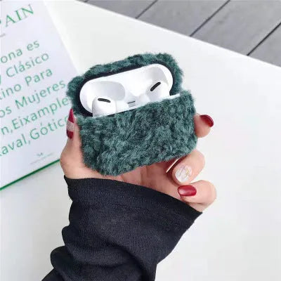 Green plush plastic headphone cover for Apple AirPods showing creative design elements