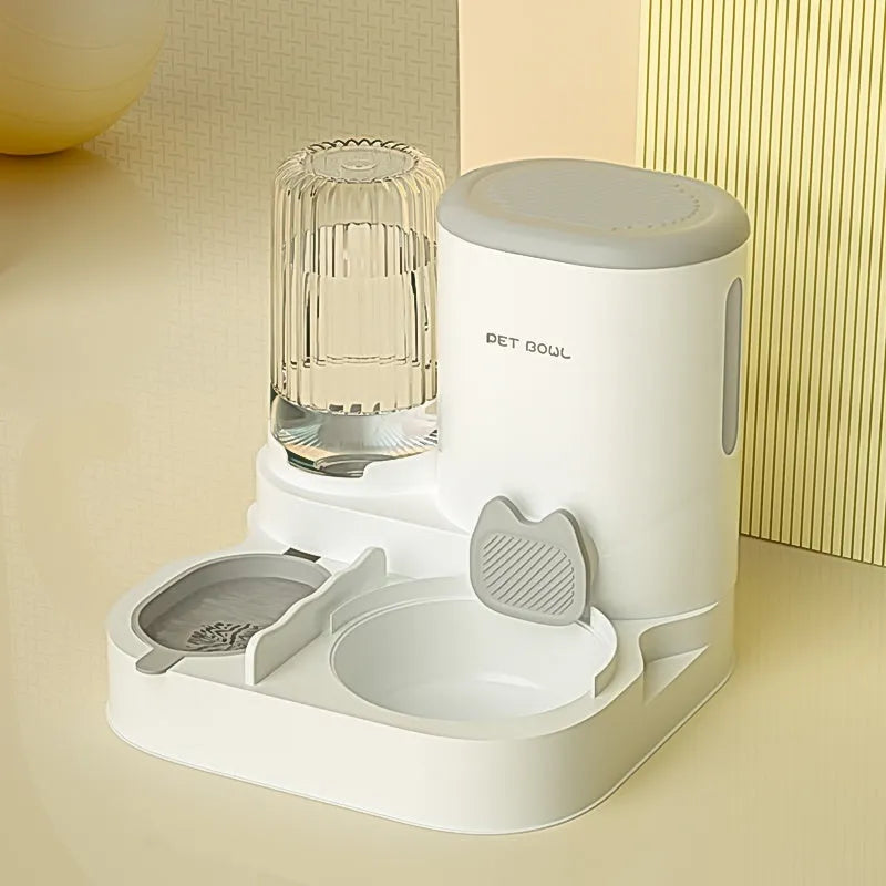 Automatic cat feeding and drinking fountain with stainless steel bowls in compact 27cm design