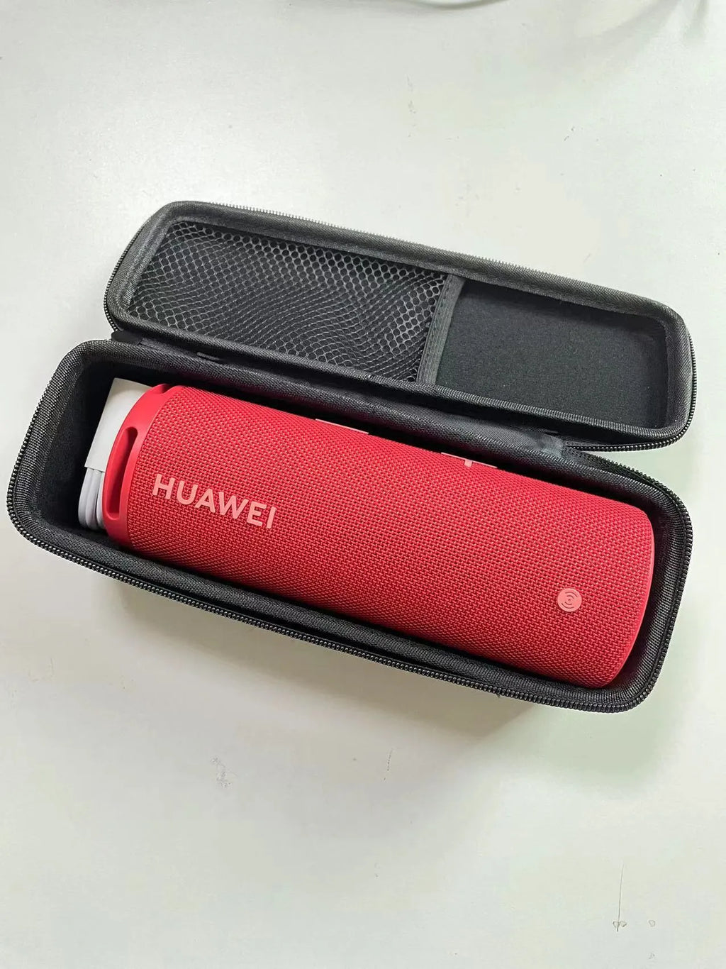 Black nylon protective bag for Huawei Sound Joy speaker, with hand rope and mesh pocket, 25x7x8.5cm